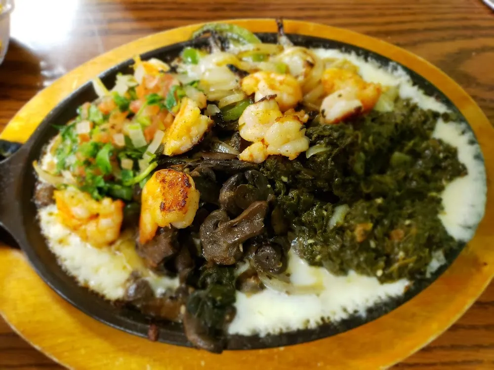 Skillet Melted Mexican Cheese with Spinach Mushrooms & Grilled Shrimp
